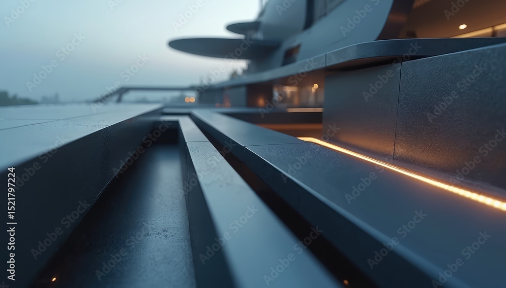 Aufkleber Futuristic architecture abstract 3d render. Modern design with clean lines, sleek facade, and minimalist aesthetic. Contemporary building exterior. Gray, blue shades. Tech urban environment concept.