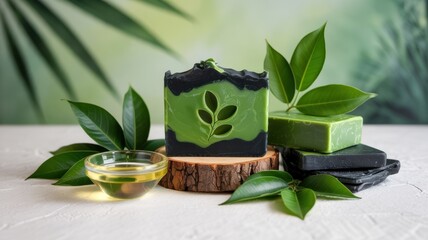 Promotional photo of detox soap with moringa and charcoal. The soap is surrounded by moringa leaves and a small amount of lemon essential oil. A background with a place for the text.