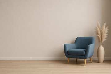 Modern minimalist living room with blue armchair and pampas grass in a vase
