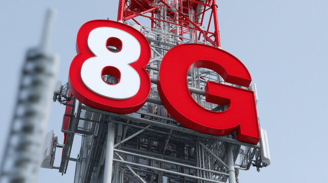 Futuristic 8g telecommunications tower with red and white numbers on steel structure