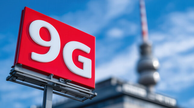 Red 9g sign against urban backdrop with communication tower