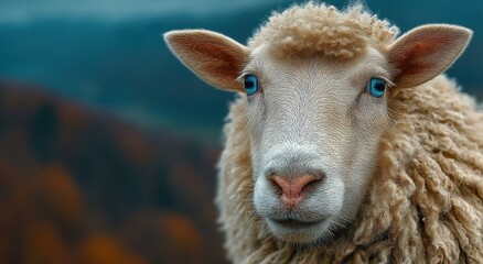 Fototapeta premium Close-Up of a Sheep with Bright Blue Eyes on a Hillside, Symbolizing Rural Serenity and Agricultural Sustainability : Generative AI