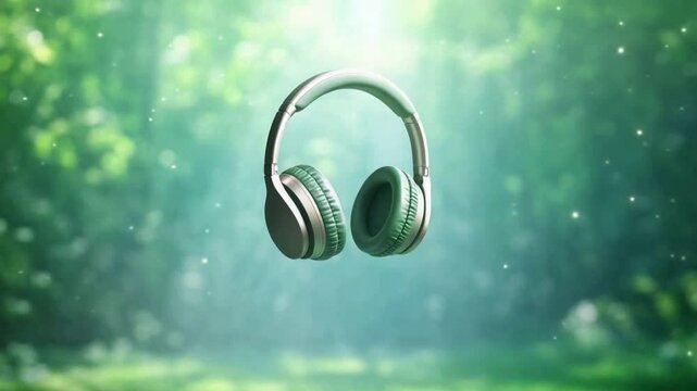 Harmony's Echo: A pristine pair of headphones floats serenely amidst a sun-dappled, vibrant forest, suggesting a world of immersive sound and auditory bliss.