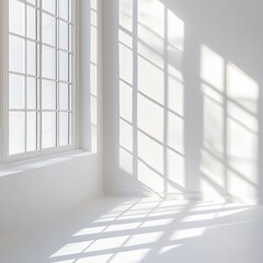 Bright sunlit corner of an empty white room with large casting shadows and soft natural light