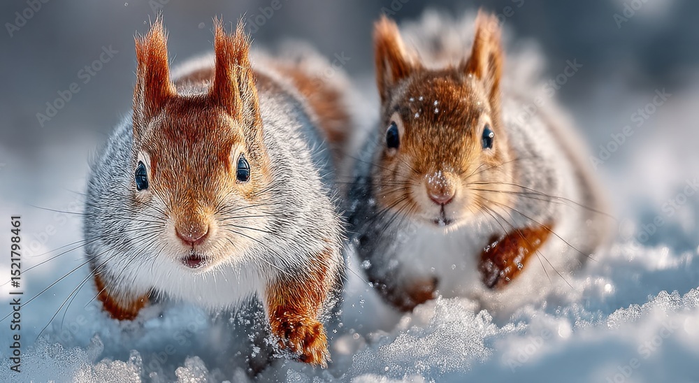 Poster two red squirrels facing forward in winter snow, symbolizing wildlife conservation and environmental