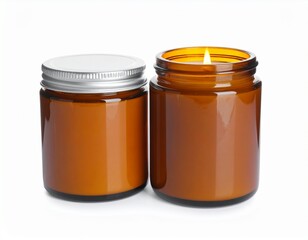 Dos velas aromáticas en frascos de vidrio ámbar con tapa metálica, una encendida, ambas sobre fondo blanco, estilo acogedor.