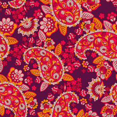 Colorful Paisley wallpaper. Vector Indonesian batik. Bright classic indian fabric. Paisley wallpaper. Ethnic background with paisley and stylized flowers. For textile, cover, wrapping paper, fabric