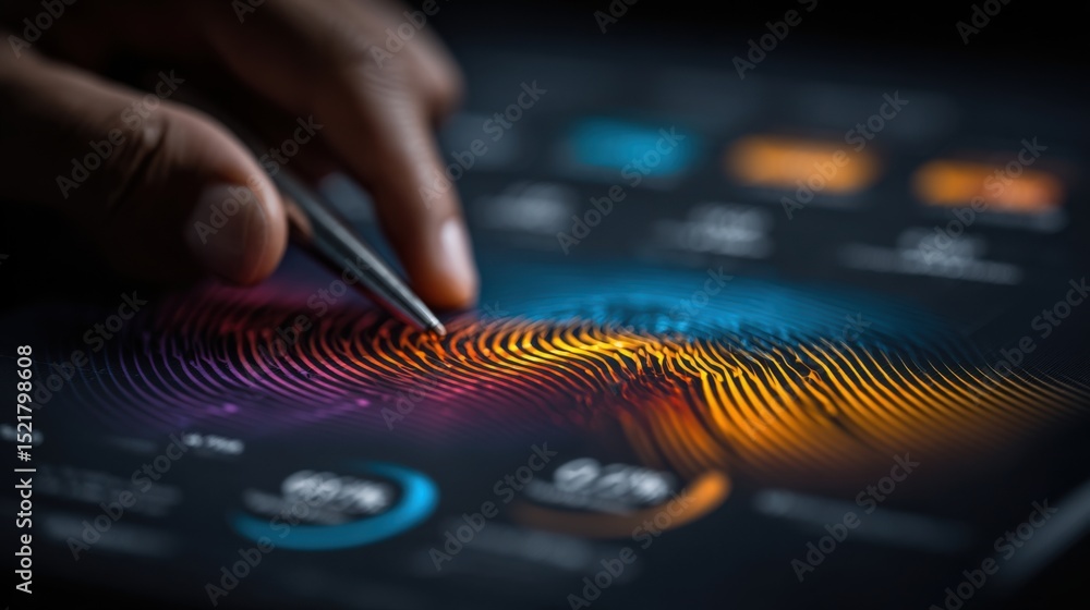 Aufkleber Fingerprint Scan on Digital Tablet with Stylus, Representing Biometrics, Data Security and Identity Verification for Modern Technology Solutions : Generative AI