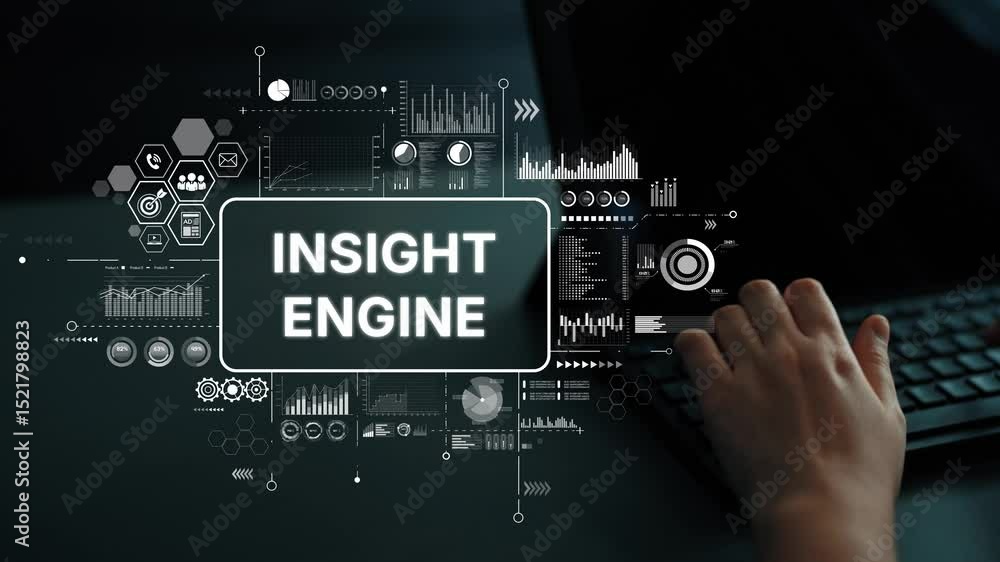 Poster insight engine concept with data analysis and visualization graphics for technology and business dev