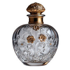 An antique glass perfume bottle with a gold cap, slightly worn with intricate details, isolated on a white background, high-resolution soft lighting