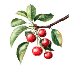 Fresh red cherries hanging from a green branch under sunlight in a garden