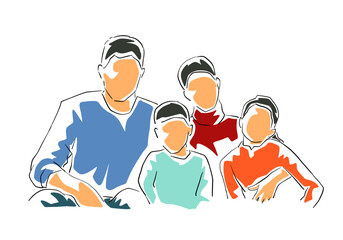 Young family portrait with kids, parents and children, isolated vector ilustration. Flat design sketch