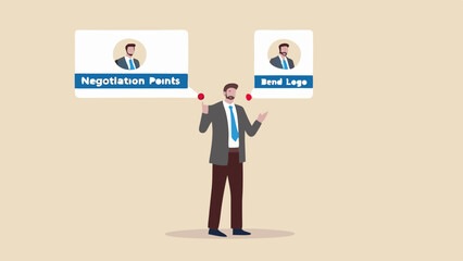 A businessman juggling Negotiation Points and Bend Logo showing balance and skill in a clean vector