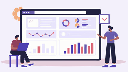 Data driven insight Two colleagues analyzing business performance metrics in a dynamic dashboard with flat