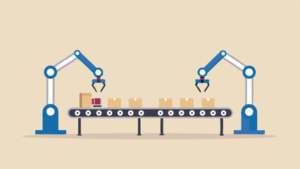Streamlining package handling with robotic arms on a conveyor belt in a modern warehouse Flat vector with a