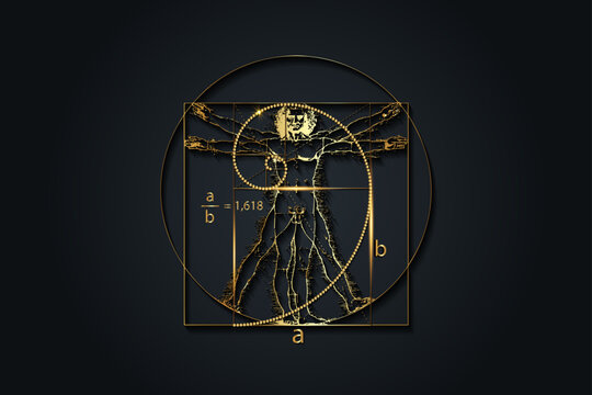 Golden ratio. Fibonacci Sequence number and Vitruvian Man concept,  luxury gold texture, divine proportion, vector illustration isolated on black background