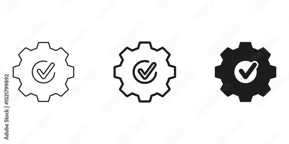 Poster gear with checkmark line and solid icon set. quality assurance, system optimization, and task comple
