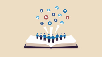 Uniting through stories a book opens minds to form connections and find love and friendship Simple flat vector