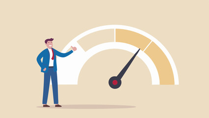 A confident businessman gestures toward an indicator reaching target performance on a beige background with