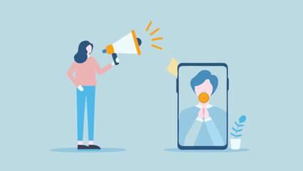 Promoting peace a woman with a megaphone connects to a praying figure on a phone modern flat design pastel