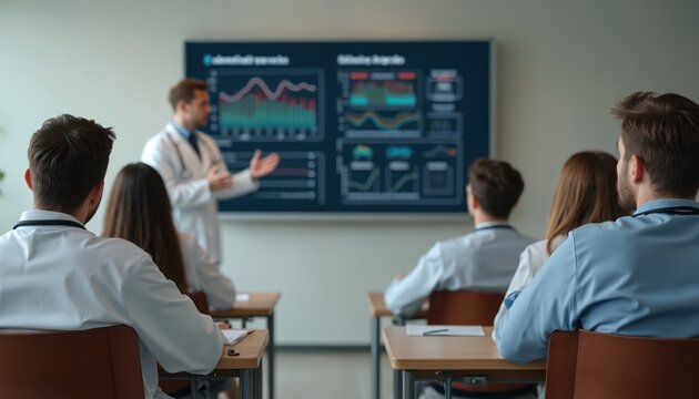 Doctor explains healthcare data to students in classroom. Medical professionals learn, develop new skills in conference. Modern medicine innovation, data science, research, education concepts.