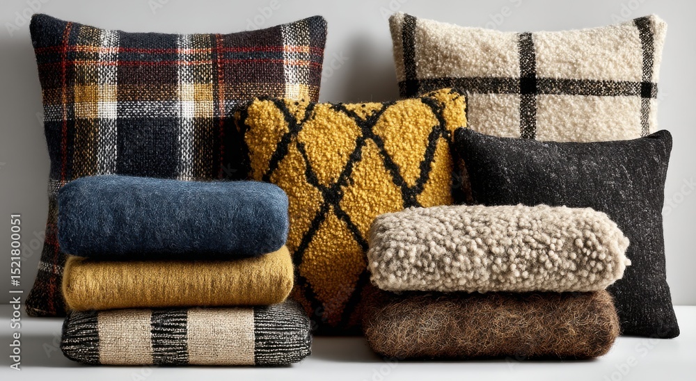 Poster arrangement of decorative pillows and throws in various textures, perfect for home decor projects an