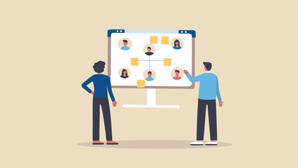 Presenting team structure discussing organizational chart and workflow strategy with flat vector art and muted