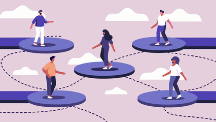 Navigating Connections People bridging gaps on platforms fostering collaboration and communication with simple