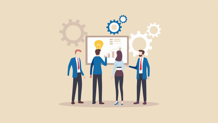 A team of innovators strategizing with a bright idea during a dynamic business meeting on a board with soft