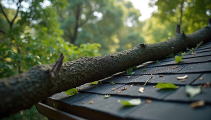 Large tree branch fallen on residential roof shingles. Roof damage, home destruction after storm. Nature disaster. Natural cataclysm, wind, storm, rain. Impact, repair, insurance, damage.