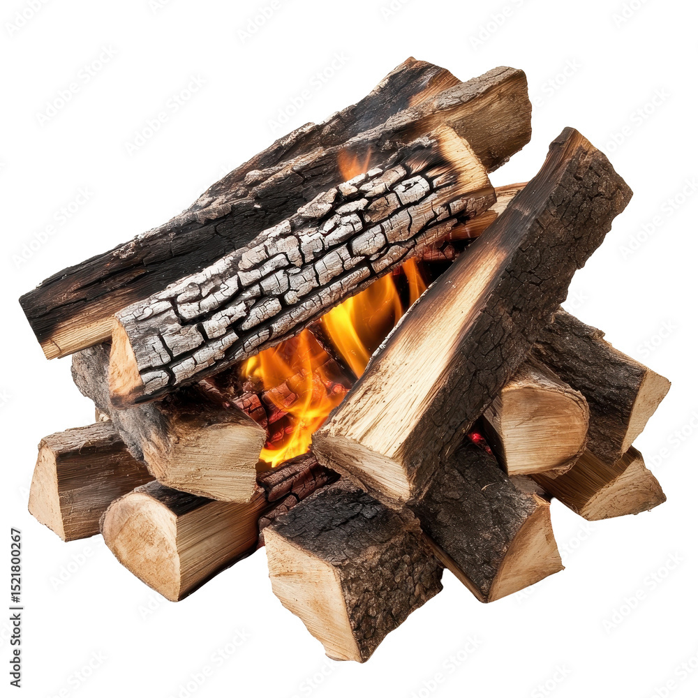 Aufkleber burning firewood stacked in a rustic setting during evening hours