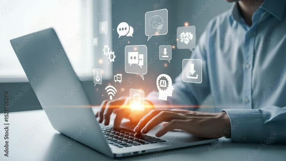 Poster person typing on laptop with ai and communication icons overlayed on screen and bright light effect