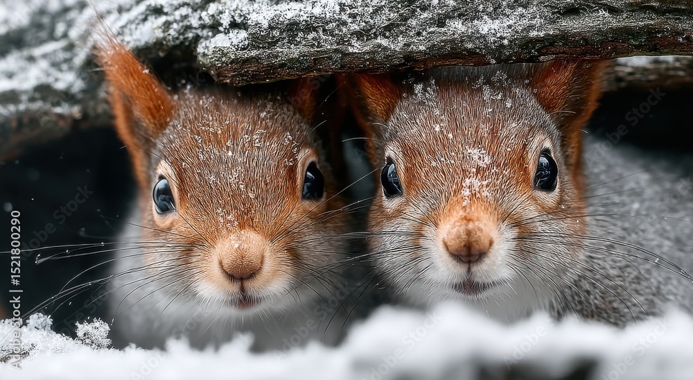 Poster two red squirrels peeking out from under snowy log, symbolizing winter wildlife and nature conservat