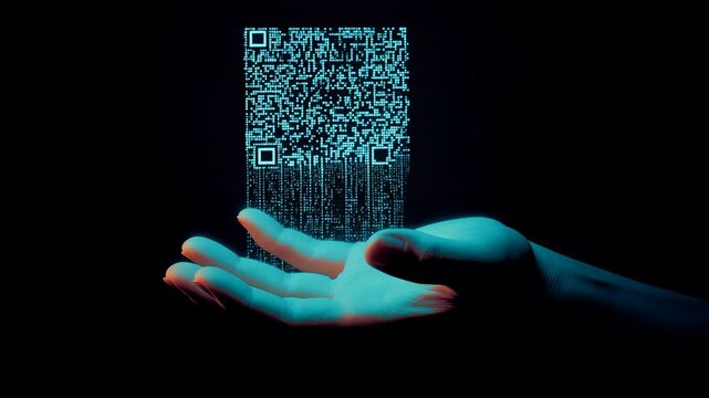 Hand Holding Digital QR Code in Dark Environment with Futuristic Glowing Effect
