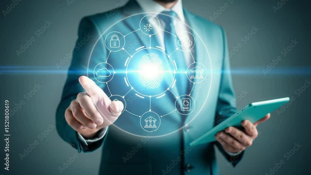 Aufkleber man in suit touching digital fingerprint with icons and holding tablet against gray background image