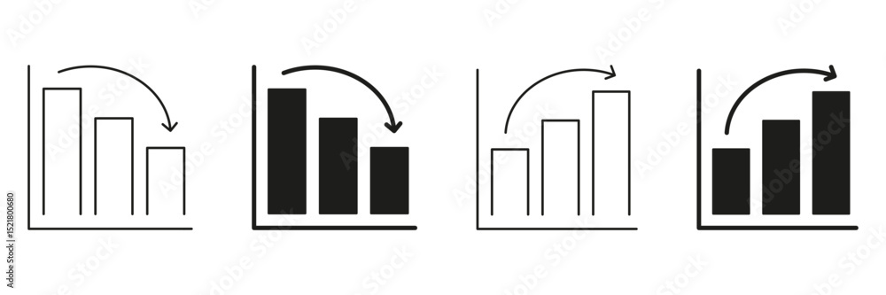 Poster bar chart with arrows line and solid icon set. data analysis, trend indication, business performance