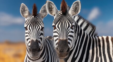 Naklejka premium Close-Up of Two Zebras Against Blue Sky, Showcasing Wildlife Conservation and Natural Beauty in Animal Photography : Generative AI