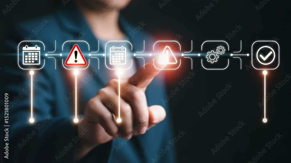 Poster Person pointing at digital icons representing workflow steps on a dark background in a business setting