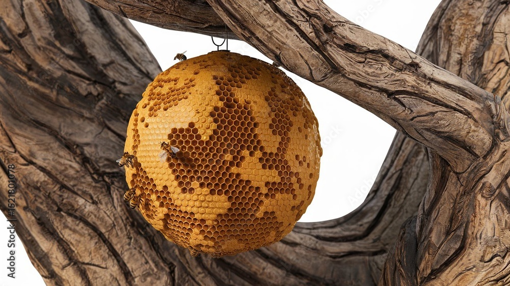 Fototapete hyper-realistic 3d rendering of beehive hanging from tree branch. detailed honeycomb structure and r