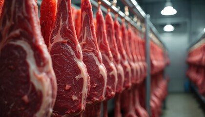 Fresh raw beef carcasses hanging refrigerated warehouse. Meat storage, processing facility, red color, high quality cuts for retail, wholesale, restaurant, butcher shop. Food industry supply chain,