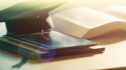 A digital tablet rests on top of an open textbook with a graduation cap placed beside it. The setup suggests a moment of study or preparation for academic success