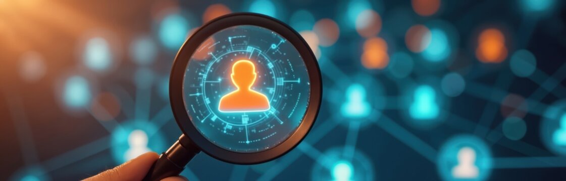 Magnifying glass focuses user profile icon representing talent search, recruitment, personal data analytics in digital network. Illustration of people network, cyberspace. Manpower selection, job