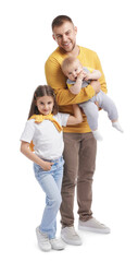 Happy father and his kids on white background