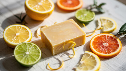 Promotional photo of Citrus Sunshine soap. Slices of lemon, orange and lime are laid out on the soap and sprinkled with lemon zest.