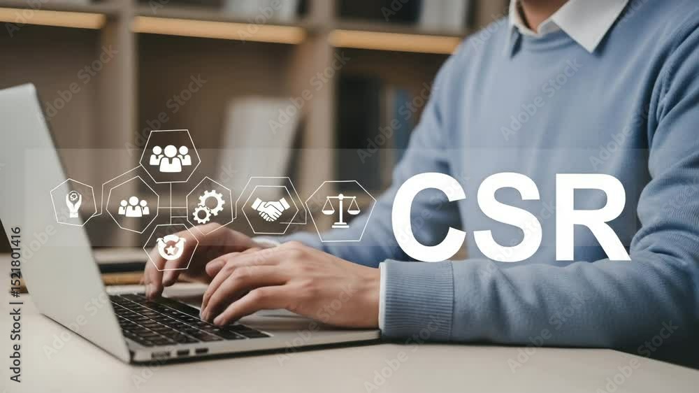 Poster person typing on laptop with csr graphic overlay and icons representing social responsibility