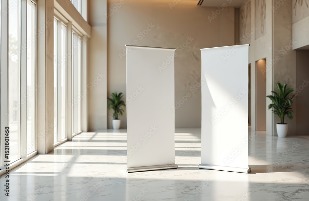 Poster two blank retractable banners in modern office lobby. presentation template for promotion marketing.