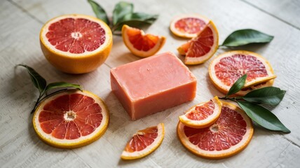 Promotional photo of a piece of soap with grapefruit and tangerine on a light background. Soap surrounded by grapefruit and tangerine slices.