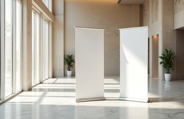 Two blank retractable banners in modern office lobby. Presentation template for promotion marketing. Advertisement display signage in contemporary building interior. Empty roll-up stands for business
