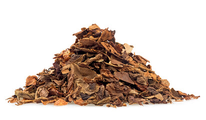 Dried smoking tobacco pile isolated on a white background. Crushed tobacco leaves.