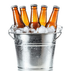 Naklejka premium Chilled beer bottles in a metal bucket surrounded by ice ready for a summer gathering